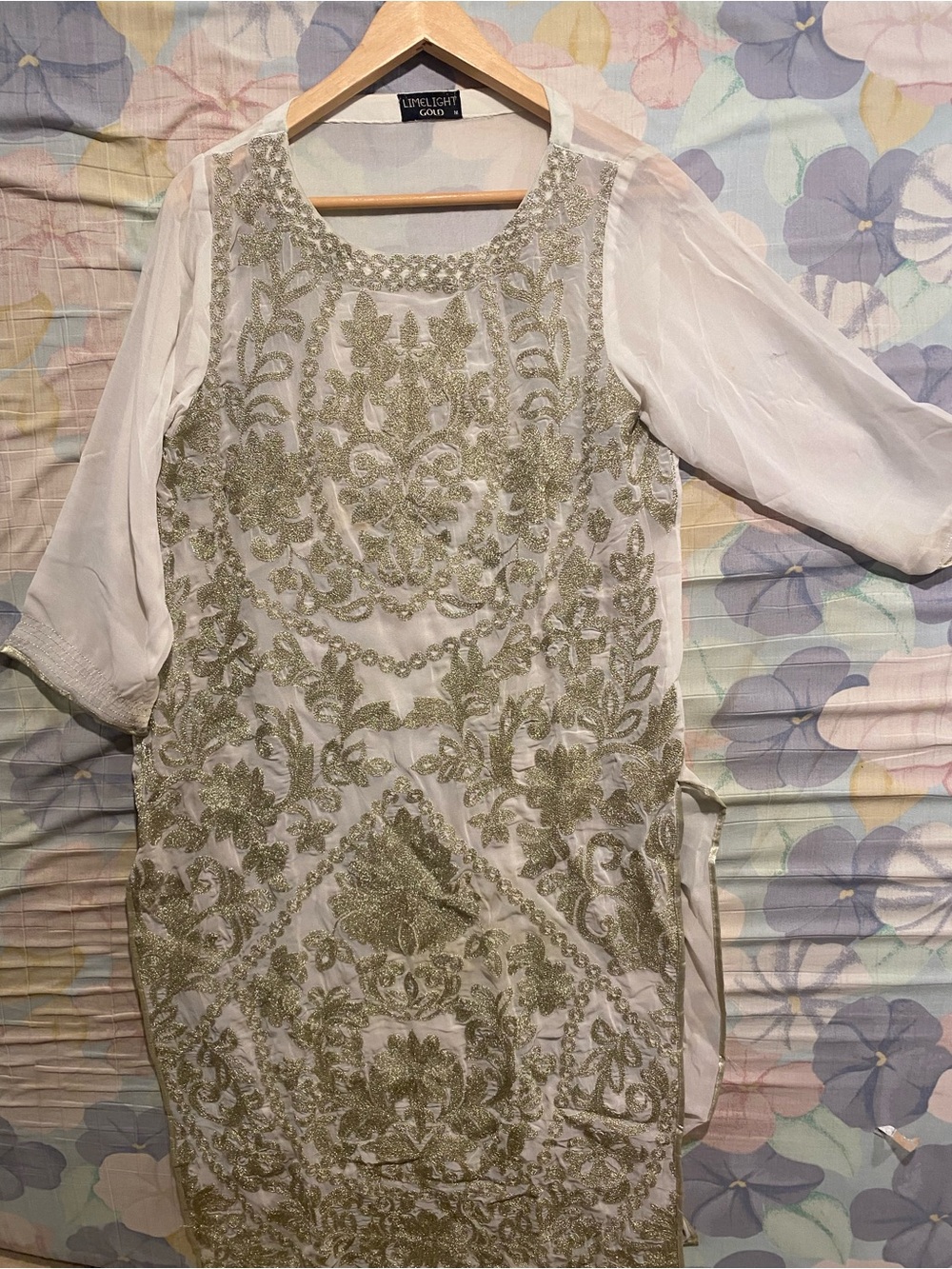 Limelight White Long-Sleeve Embroidered Dress with Gold Accents